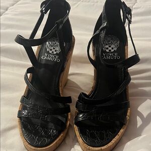 Vince Camuto Black Strappy Wedge Sandals Cork Heel Ankle Strap Dressy